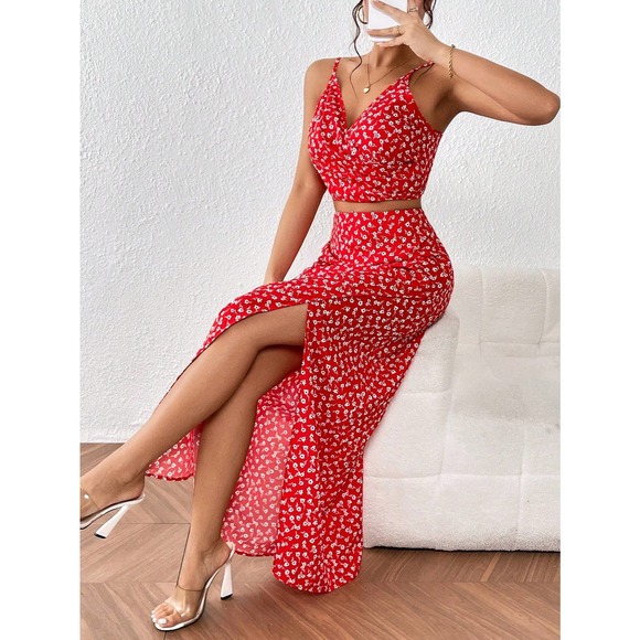 ❗️2 piece skirt set: boho Floral Print Cami Top & Split Thigh maxi Skirt - Picture 7 of 8